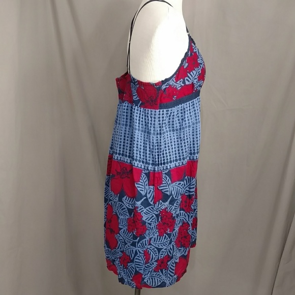 Red Blue Sundress XL Cotton Silk Bright Mini Dress - Picture 3 of 8